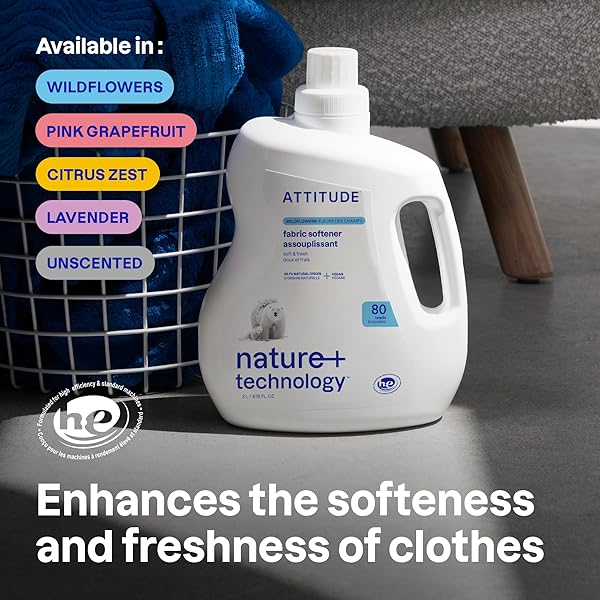 ATTITUDE LIQUID FABRIC SOFTENER, PLANT-BASED & VEGAN, HE COMPATIBLE, NATURALLY DERIVED, WILDFLOWERS SCENT, 80 LOADS, 67.6 FL OZ