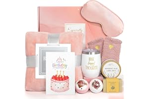 SUHCTUPTX Birthday Gifts for Women, Unique Happy Birthday Gift Basket Relaxing Spa Gifts Self Care Package Bday Ideas with Luxury Flannel Blanket for Mom Her Best Friends Sister Wife Friendship