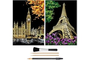 MIASTAR Scratch Painting Kits for Adults & Teens, Craft Art Set, Rainbow Scratch Art Painting Paper, Sketch DIY Night View Scratchboard, 16'' x 11.2'' Creative Gift with 3 Tools kit (Eiffel Tower/Big Ben)