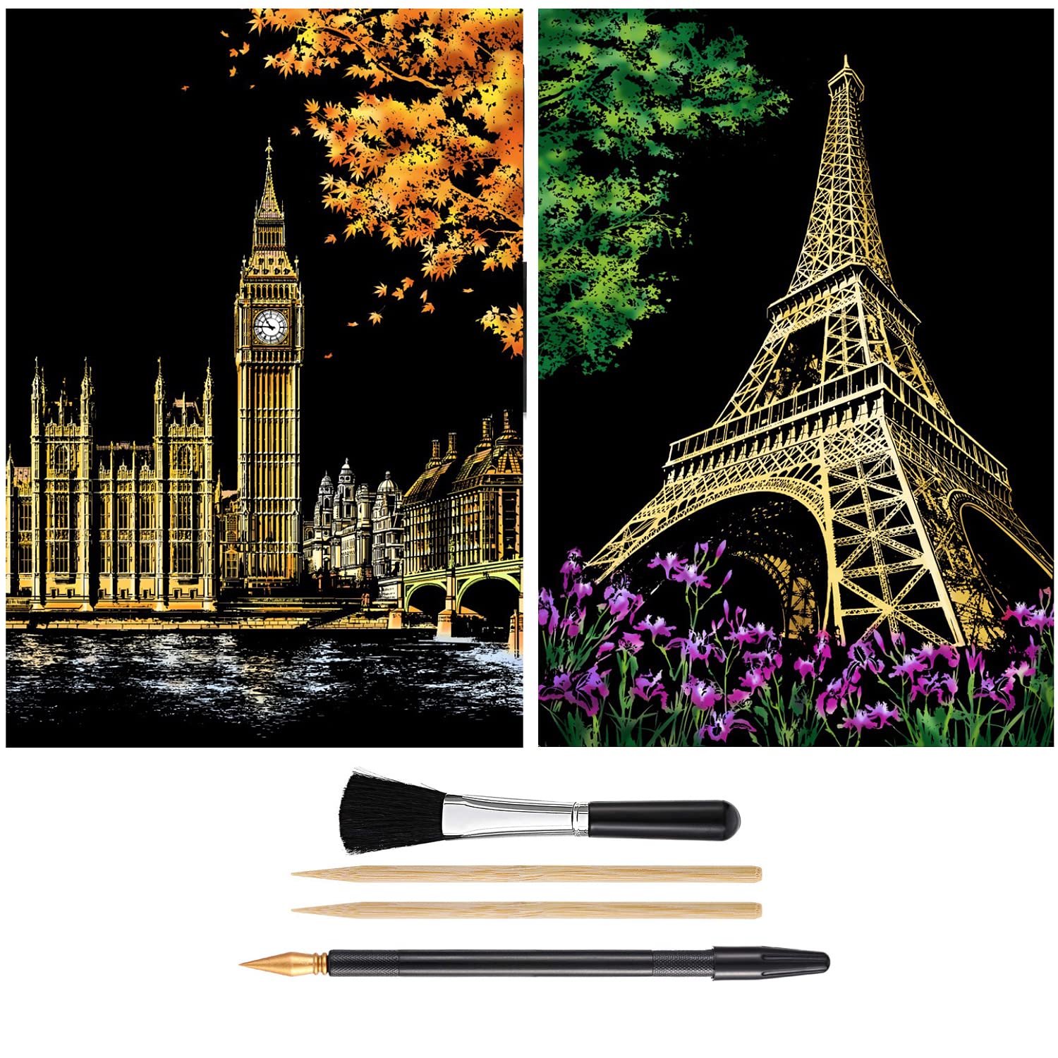 Scratch Painting Kits for Adults & Teens, Craft Art Set, Rainbow Scratch Art Painting Paper, Sketch DIY Night View Scratchboard, 16'' x 11.2'' Creative Gift with 3 Tools kit (Eiffel Tower/Big Ben)