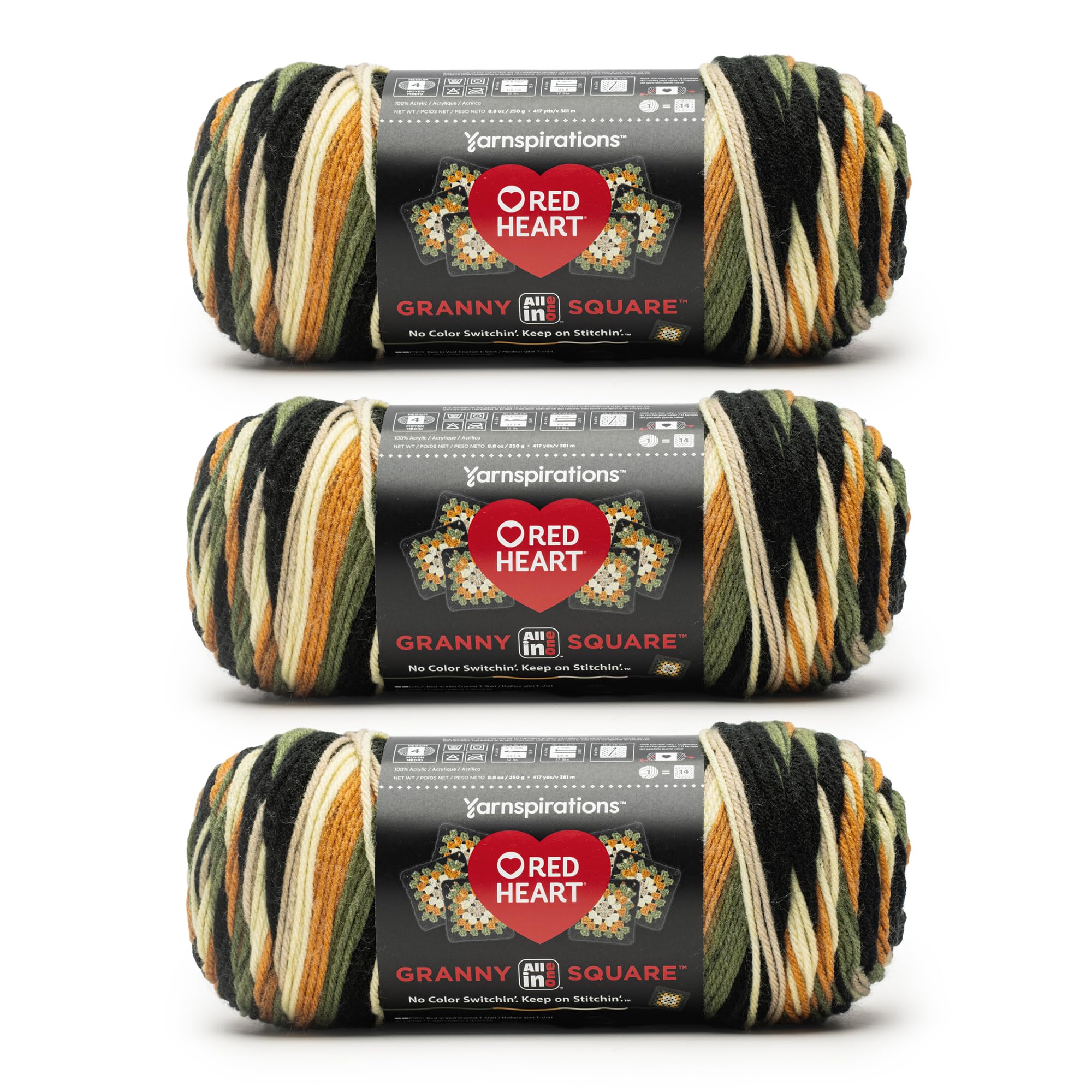 Photo 1 of Red Heart All in ONE Granny Square Amber Moss Yarn - 3 Pack of 8.8oz/250g - 100% Acrylic - #4 Worsted (Medium) - 417 Yards - Knitting/Crochet