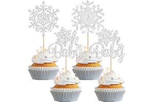 Gyufise 24Pcs Snowflake Oh Baby Cupcake Toppers Glitter Winter Frozen Baby Shower Cupcake Picks for Winter Wonderland Gender Reveal Baby Shower Birthday Party Cake Decorations Supplies Silver