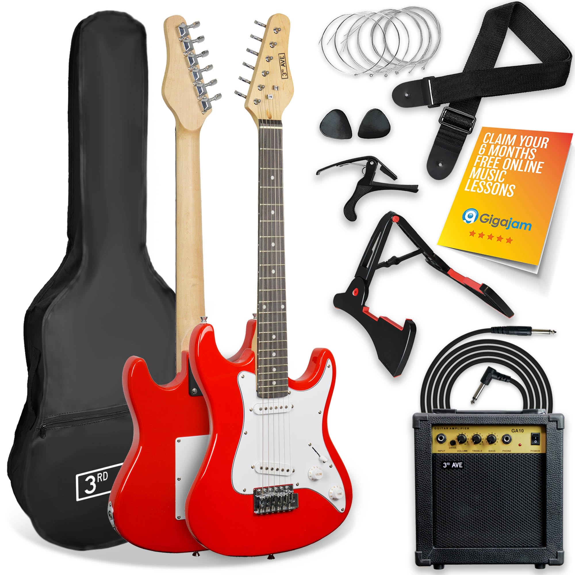 3rd Avenue XF 3/4 Size Electric Guitar Ultimate Kit with 10W Amp, Cable, Stand, Gig Bag, Strap, Spare Strings, Picks, Capo – Red