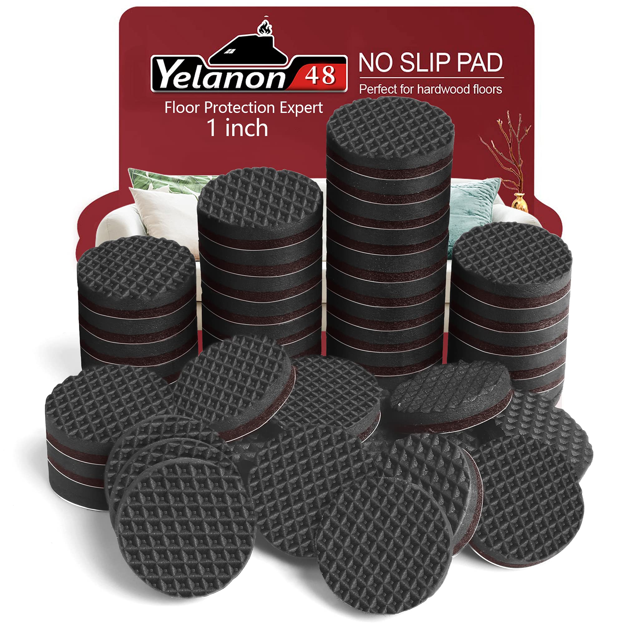 Yelanon Non Slip Furniture Pads -48 pcs 25mm Furniture Grippers,Self Adhesive Rubber Feet Furniture Feet,Anti Slide Furniture Hardwood Floor Protector for Keep Furniture Stoppers