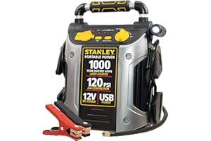 STANLEY 1000 Peak Amp Automotive Jump Starter, Portable Power – 2.1A/10W USB Port, 12V Outlet, 120 PSI Air Compressor for Tires, Bikes & Sports Equipment