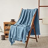 Simple&Opulence Cotton Muslin Throw Blanket for Bed, Couch, Knit Woven Gauze Blanket with Tassels, Soft Lightweight Cozy Pre-Washed Breathable Farmhouse Decoration for All-Season (Dusty Blue)