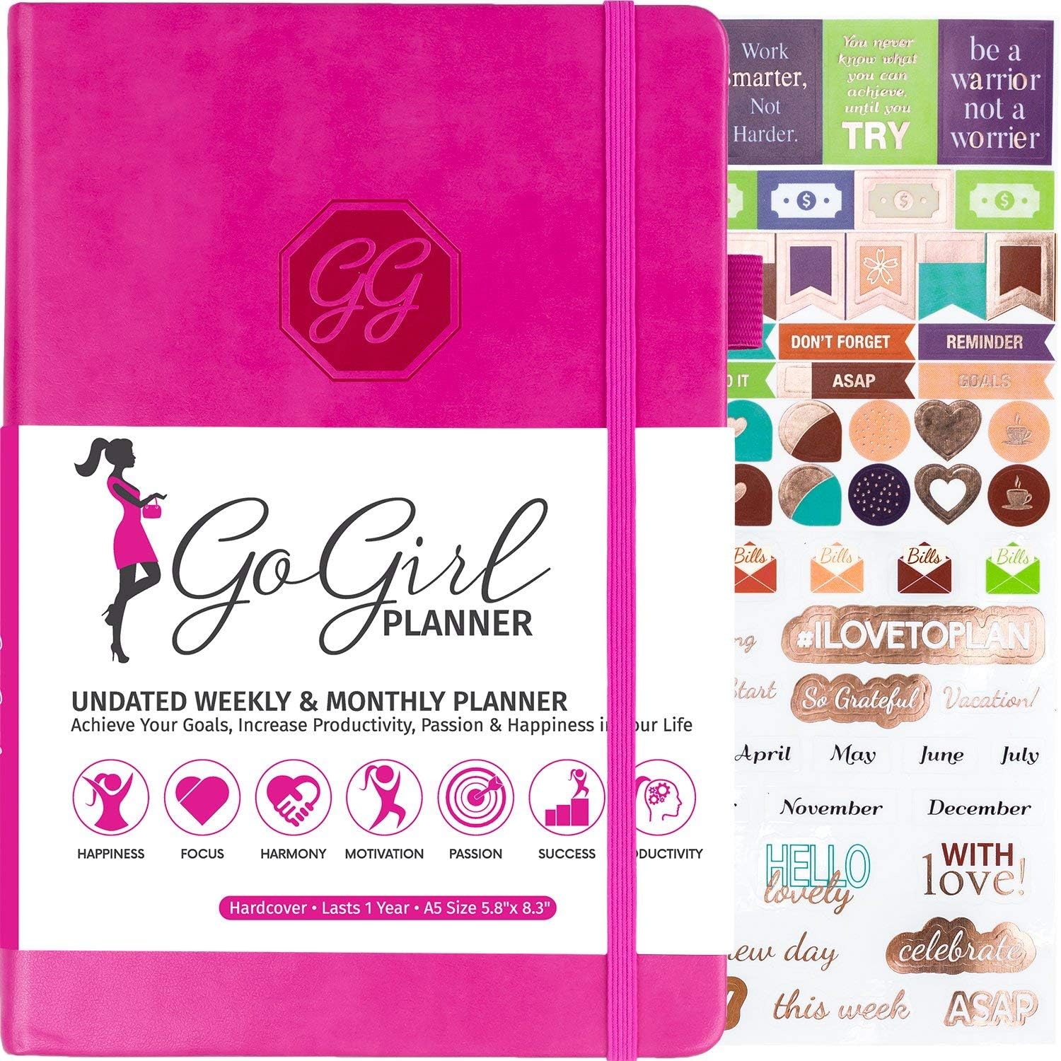 GoGirl Planner and Organizer for Women - A5 Weekly Agenda, Goals Journal to Improve Time Management & Productivity (Hot Pink)