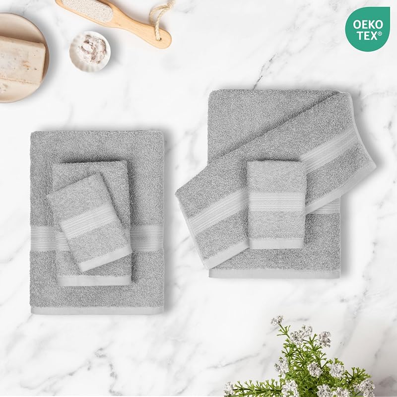 Set Asciugamani Bagno Spugna 100% Cotone 2 Teli + 2 Viso + 2 Ospite, Grigio, Confezione 6 Pezzi — foto 3 di 8