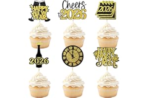 WOOTKEY 24 Pcs Happy New Year Cupcake Toppers 2026 Gold Glitter Cheers to 2026 Cupcake Picks Decorations for Cheers to Happy New Year Eve Party Supplies (Black & Gold)