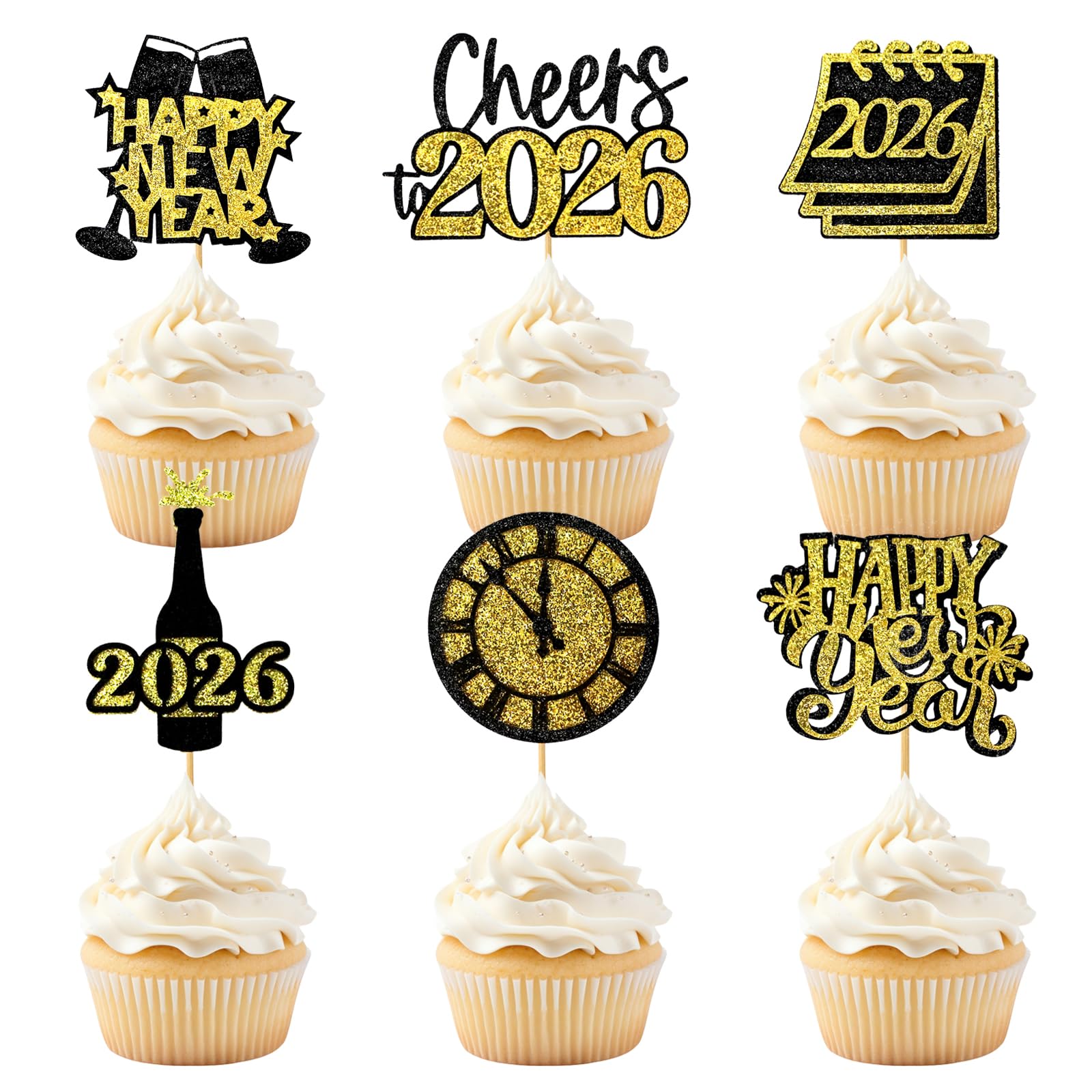View 1 of 24 Pcs Happy New Year Cupcake Toppers 2026 Gold Glitter Cheers to 2026 Cupcake Picks Decorations for Cheers to Happy New Year Eve Party Supplies (Black & Gold)