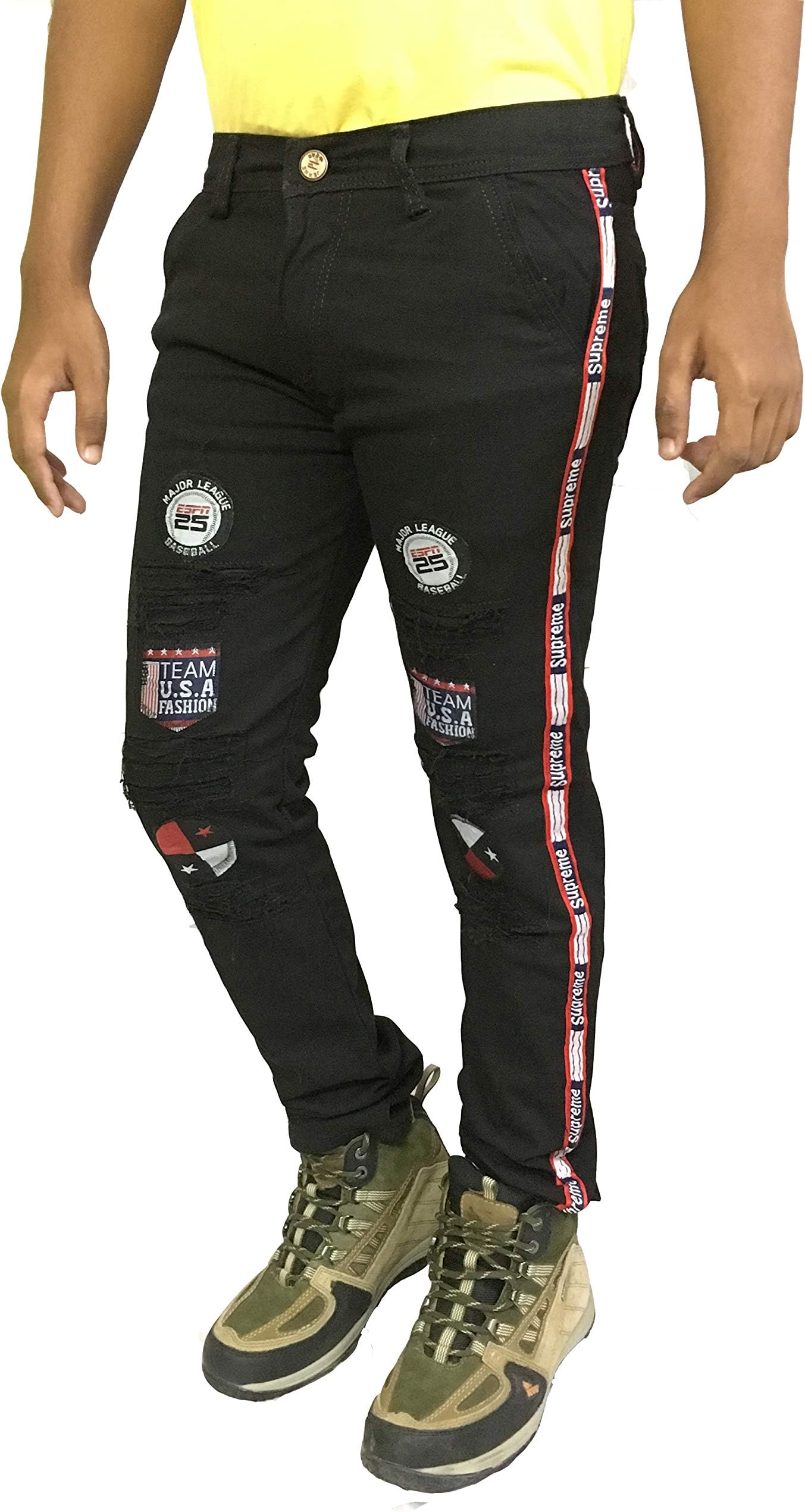 Reliable Cart Jeans, Black Funky, Damaged with Side Strip and Front Stickers for Man and Boys Slim Fit…