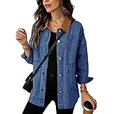Yeokou Women's Oversized Contrast Collar Denim Barn Jacket Button Down Big Pockets Spring Fall Transitional Outfits(Blue-S)