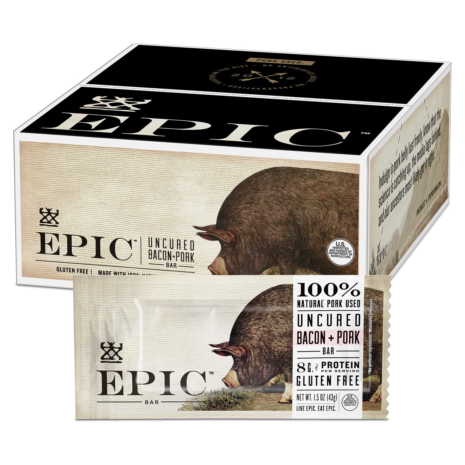 EPIC Uncured Bacon Protein Bars, 12 Count Box 1.5oz bars