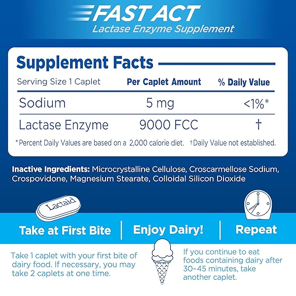 LACTAID FAST ACT LACTOSE INTOLERANCE CAPLETS WITH LACTASE ENZYME, DAIRY RELIEF FROM GAS, BLOATING & DIARRHEA, 9000 FCC LACTOSE INTOLERANCE PILLS, 96 INDIVIDUAL TRAVEL ON-THE-GO PACKS (96 X 1 CT)