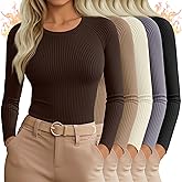 Sweetyweee 5 Pack Women's Thermal Long Sleeve Shirts Ribbed Knit Cotton Tops Crewneck Warm Base Layer Fitted Undershirts