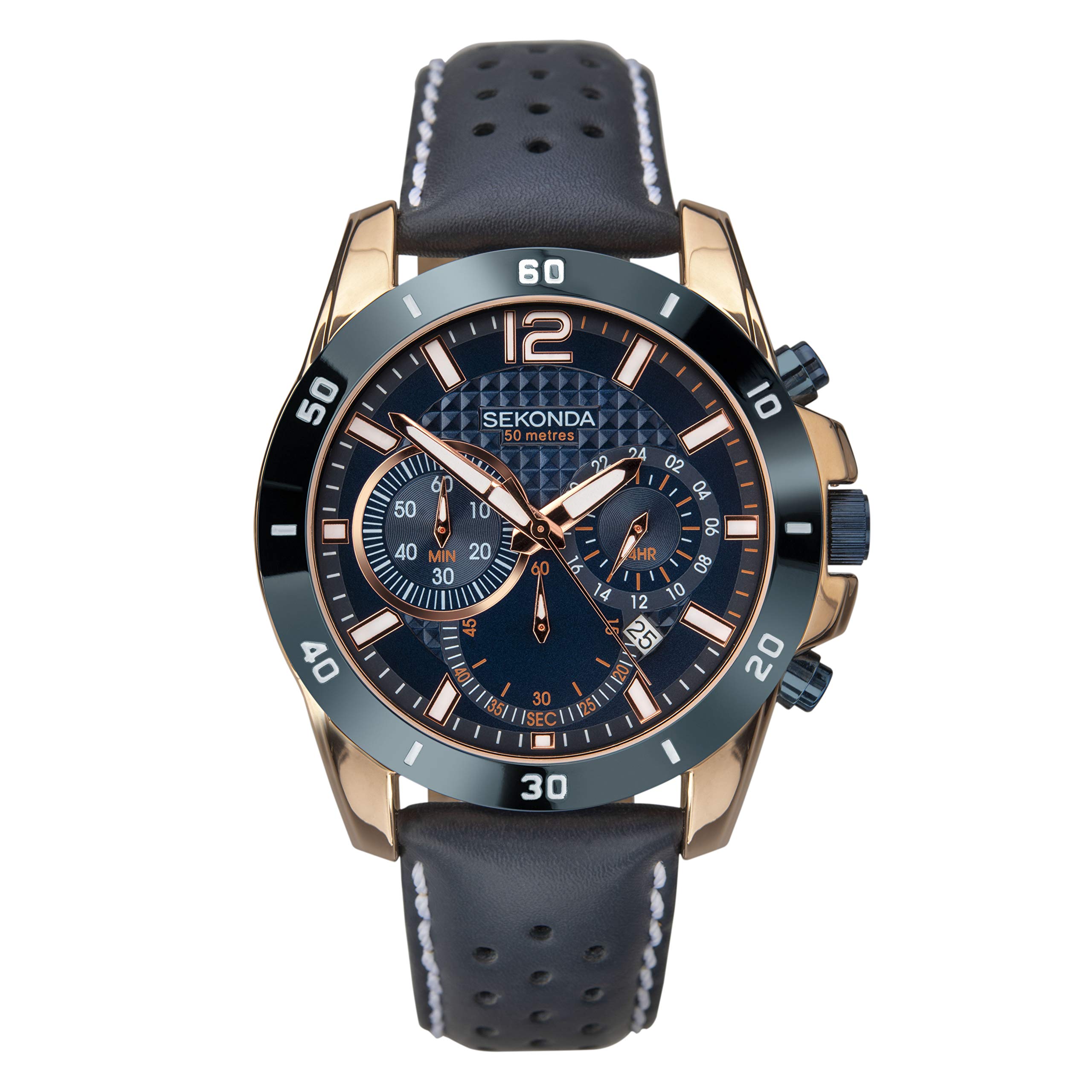 Sekonda Solo Mens Watch – 44mm Sport Chronograph Watch for Men with Dark Blue Leather Strap, Date Window and Fixed Bezel – 50m Water Resistant – 2 Year Warranty
