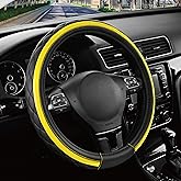 Road Comforts Leather Steering Wheel Cover – Black & Yellow, Universal Fit 14.5-15 Inch, Microfiber Leather, Anti-Slip & Breathable Design for Men and Women
