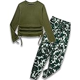 mksodop Girls Clothes Ruched Drawstring Short Sleeve Knit Top and Camo Print Pants 2 Piece Girls Outfits