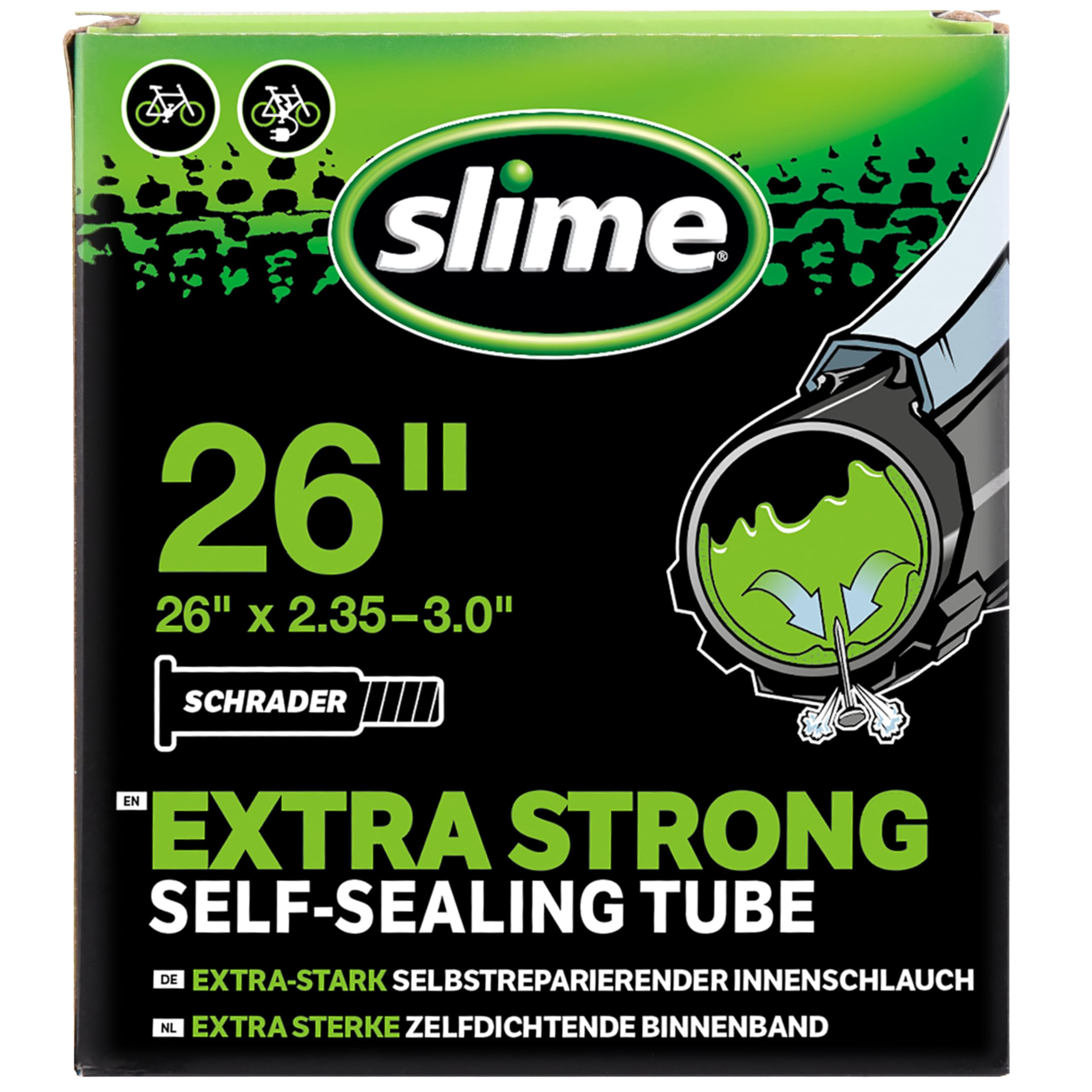 Slime 30096 Bike Inner Tube with Slime Puncture Sealant, Self Sealing, Prevent and Repair, Schrader Valve, 26" x 2.35-3.0"