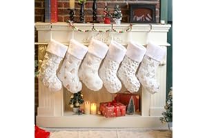 Amorita White Christmas Stockings Set of 6 - Lage Elegant Xmas Stockings with Golden Christmas Tree Snowflake Designs, Fluffy Grey and White Christmas Stockings for Holiday Party Decorations 20 inch