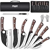 Huusk Butcher Knife Set for Meat Cutting 10pcs Viking Kitchen Serbian Chef Knife with Roll Bag Hand Forged Brisket Knives Meat Cleaver for Men Gift BBQ Outdoor Camping