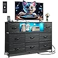 WLIVE Black Dresser for Bedroom, TV Stand for Bedroom for 50, 55 inch TV with Charging Station and LED Lights, Fabric Chest of Drawers with Open Shelves, 8 Drawer Dressers for Living Room, Closet