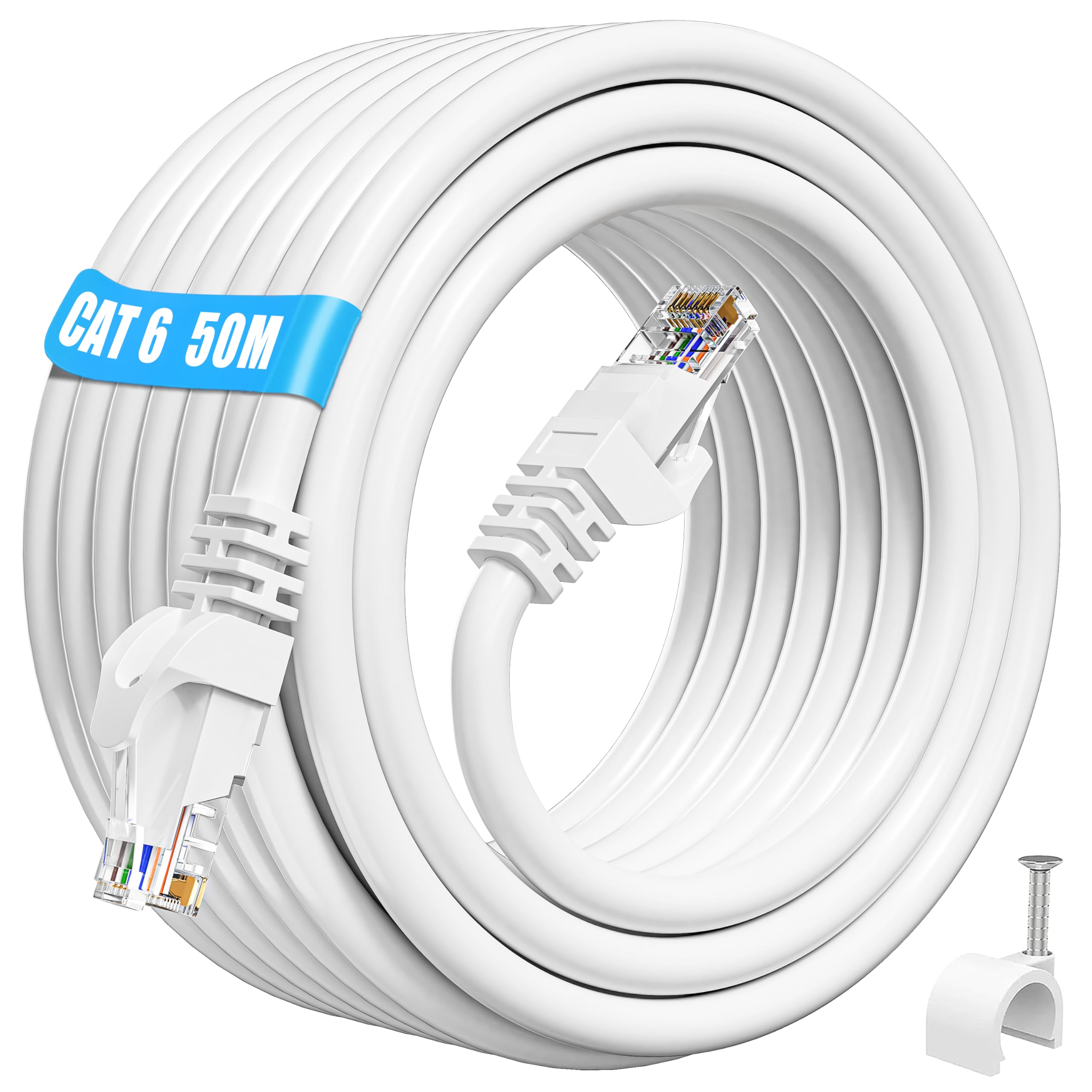 ikbc Ethernet Cable 50m Cat 6, Outdoor RJ45 Cable 50m High Speed Internet Cable, Gigabit Lan Cable Cat6 Waterproof UTP 23AWG With 50 Clips -White