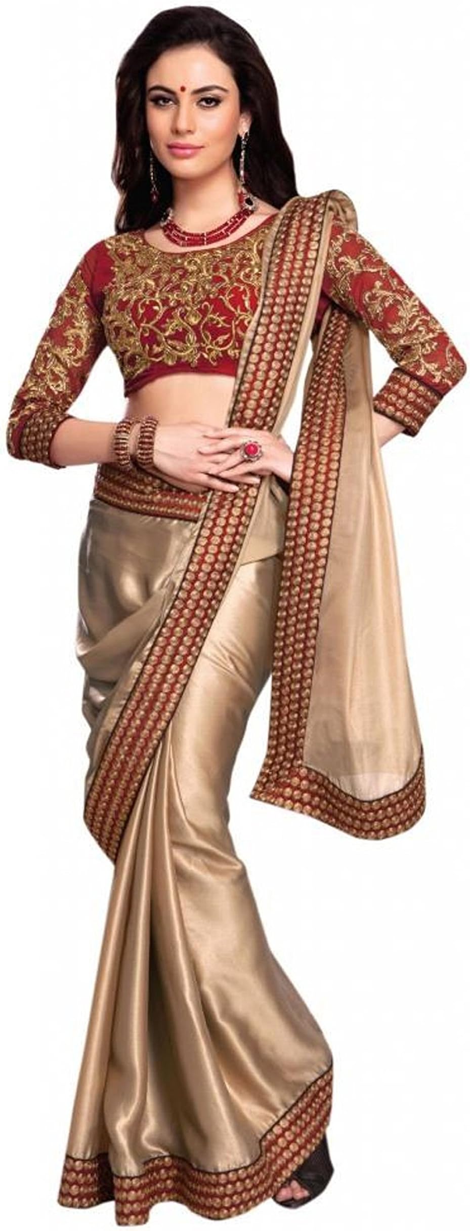 Fab Ikshvaku Beigecolor Chiffon Embroidered Indian Saree with Unstitched Blouse Piece