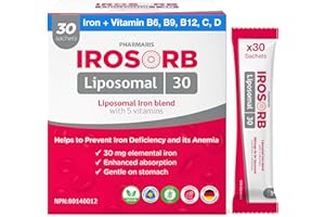 Pharmaris IROSORB Liposomal Iron Supplement, 30mg Elemental Iron with 5 Vitamins (C, B12, B6, D, B9), High Absorption & Gentl
