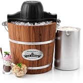 Elite Gourmet EIM418 4Qt Old Fashioned Walnut Wood Bucket Ice Cream Maker | Uses ice and rock salt to churn homemade ice cream in minutes - electric powered churning