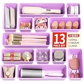 Canfanni 13 Pack Plastic Drawer Organizers Set, 3 Sizes Desk Drawer Organizer Trays for Vanity and Makeup Organizer, Organization and Storage for Makeup, Kitchen Utensils, Bathroom and Office(Purple)