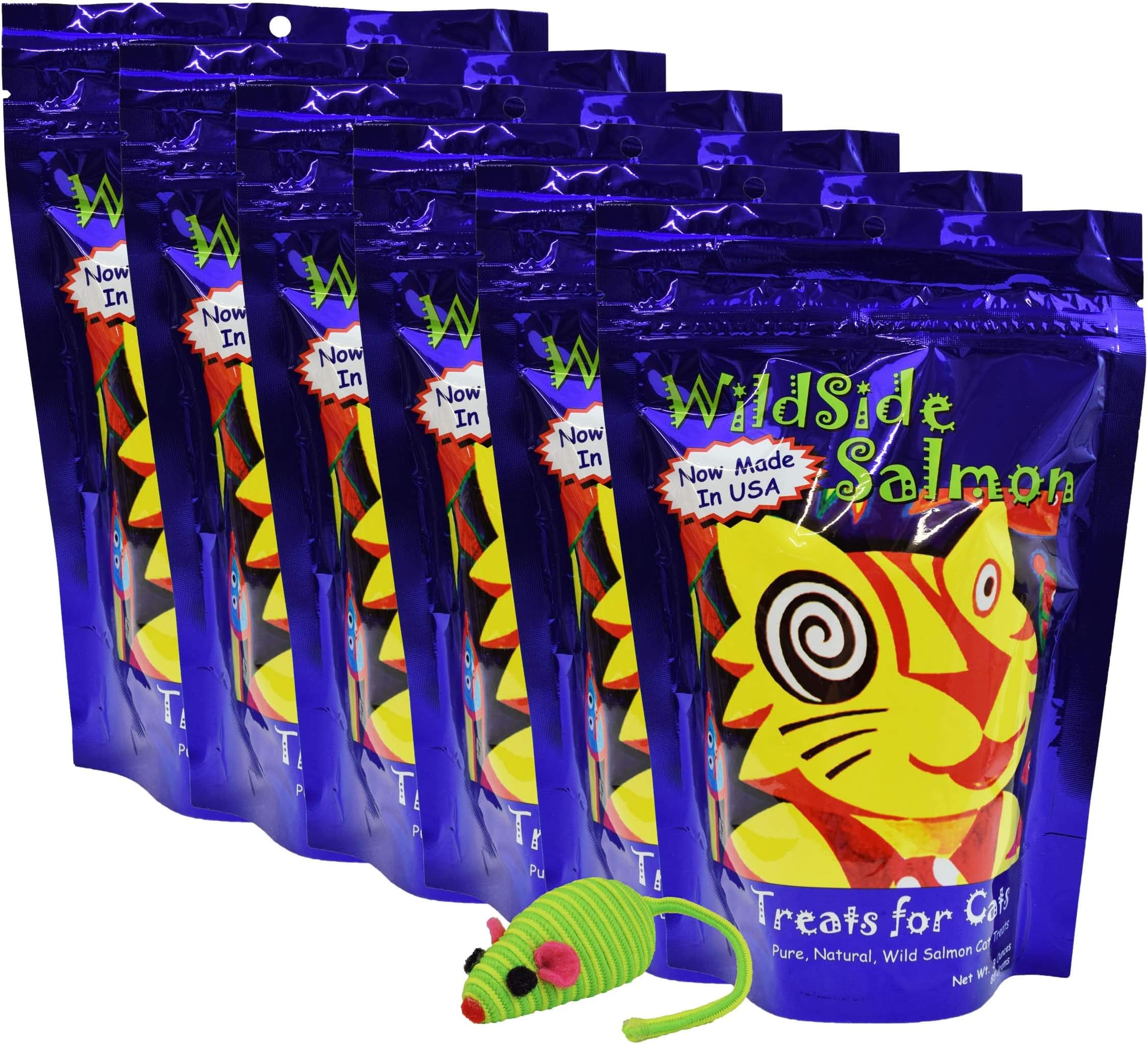 WildSide Wild Alaskan Freeze Dried Salmon All Natural Grain Free 3oz Cat Treats (Pack of 6) Bundle with Mouse Cat Toy