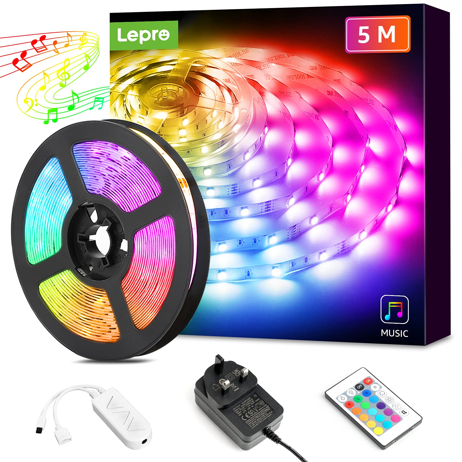 Lepro LED Strip Lights 5M Music Sync, 5050 RGB Colour Changing LED Strip with Remote, Sound Reactive, Dimmable Stick on Plug in LED Lights for Bedroom, Kitchen, Party, Teen Girl Kids Room Decor
