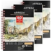 ARTEZA Mixed Media Sketchbook, 5.5 x 8.5 Inches, Pack of 3, 60 Sheets Each, Micro-Perforated Spiral-Bound Paper Pad for Wet and Dry Media