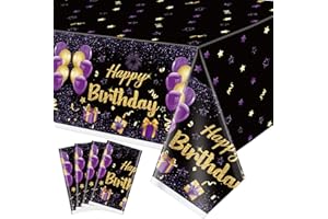 QUERICKY 4 Pack Black and Purple Happy Birthday Tablecloths, 51x87'' Plastic Disposable Rectangle Purple Gold Birthday Party Table Covers for Women Girls Birthday Party Decorations Supplies