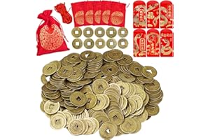 Supla 300 Pcs Chinese Lucky Coins Decorations Feng Shui Coins Good Fortune Coins Good Luck Coins and Lucky Bag for Asian Chinese Lunar New Year Health Wealth Bracelet Charms 2025 Year of The Snake
