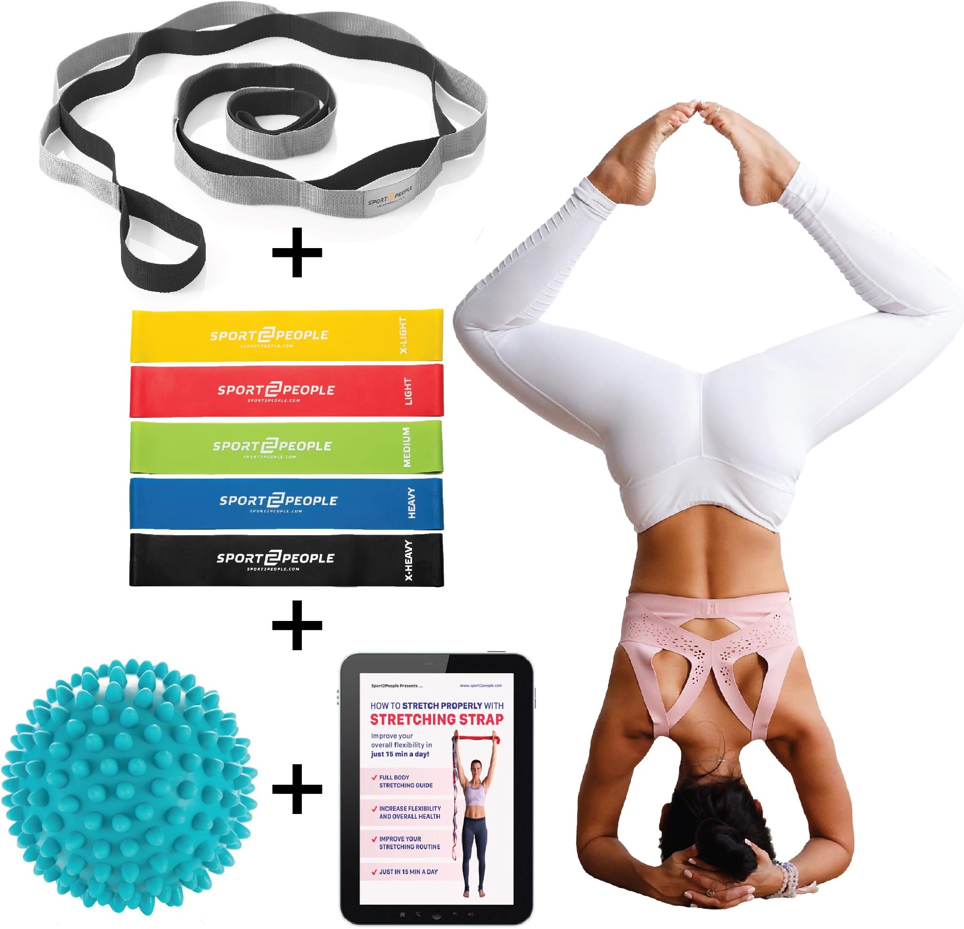 sport2people Yoga Set - 5 Set Resistance Bands, 12 Loop Yoga Stretching Strap, Spiky Massage Ball and a Free Stretching Book