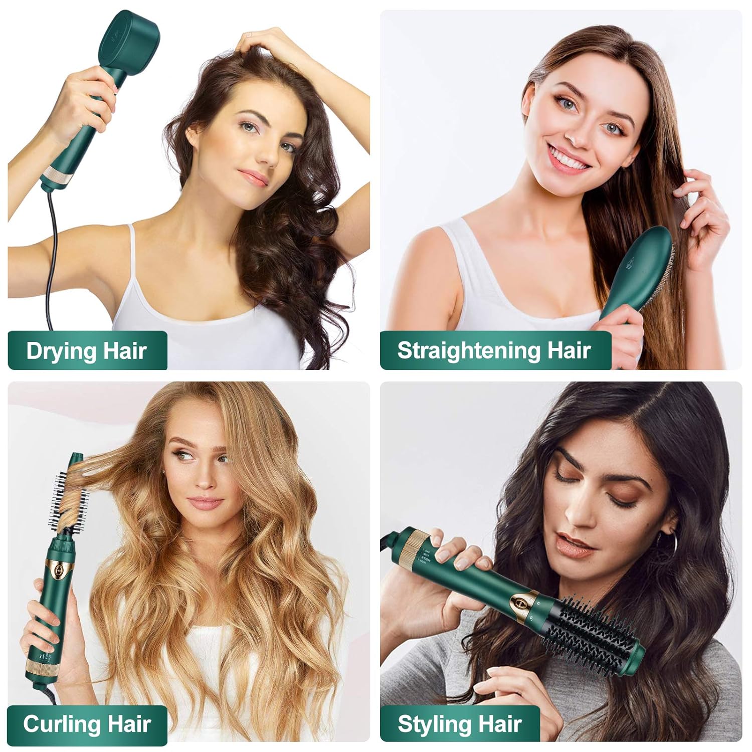 Hair Dryer Brush, Interchangeable Brush Head Hot Air Brushe Set, 4 in 1 Hair Dryer and Volumize with Negative Ion Reduce Frizz and Statics for Curling, Drying and Straightening (Green): Health & Personal Care
