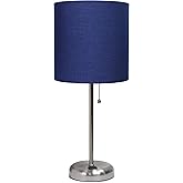 Simple Designs LT2024-NAV Brushed Steel Stick Table Desk Lamp with Charging Outlet and Drum Fabric Shade, Navy Blue Shade