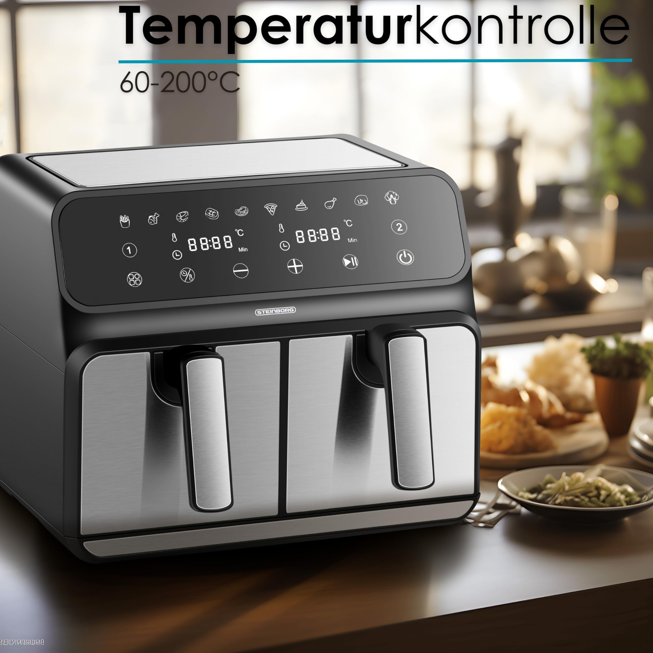 Heißluftfritteuse | 2 Kammern | Heissluftfritteuse | 4 in 1 Mini Backofen | Fritteuse | Dörrautomat | Grillen Backen Dörren Frittieren | Friteuse ohne Öl | Air Fryer | Heißluftofen | Heißluftgrill 2
