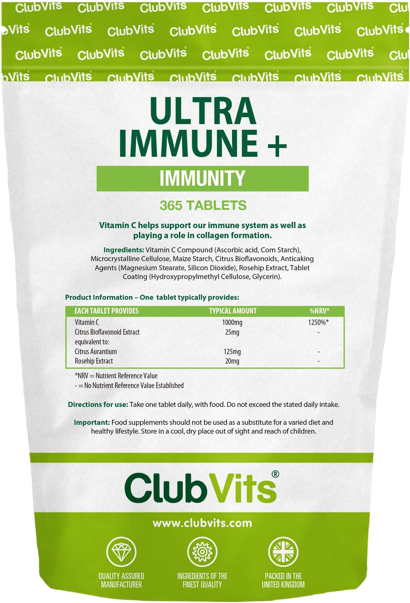 Vitamin C Ultra Immune Plus 1000mg Rosehip & Bioflavonoids | 365 tablets | High Strength | Assists Immune Health Support Defence & Colds by Club Vits