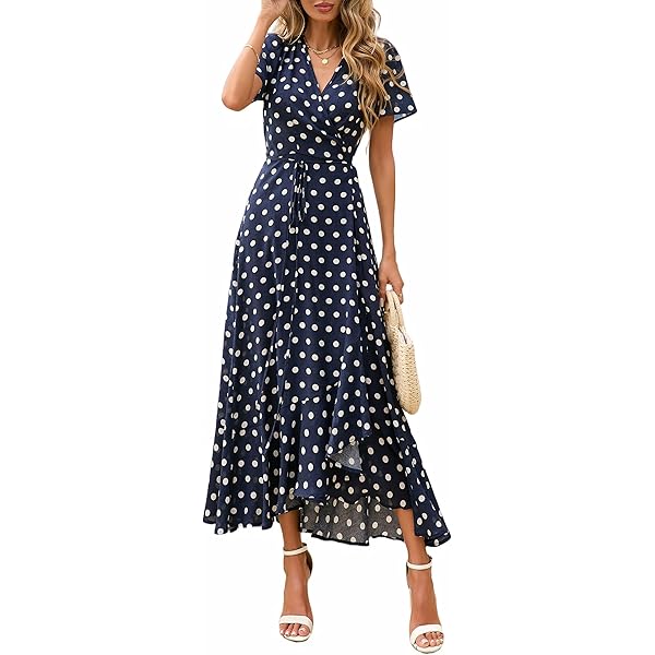 GRECERELLE Women's Summer Floral Print Cross V Neck Dress Bohemian Flowy  Long Maxi Dress PD-Navy Blue-Small at Amazon Women's Clothing store