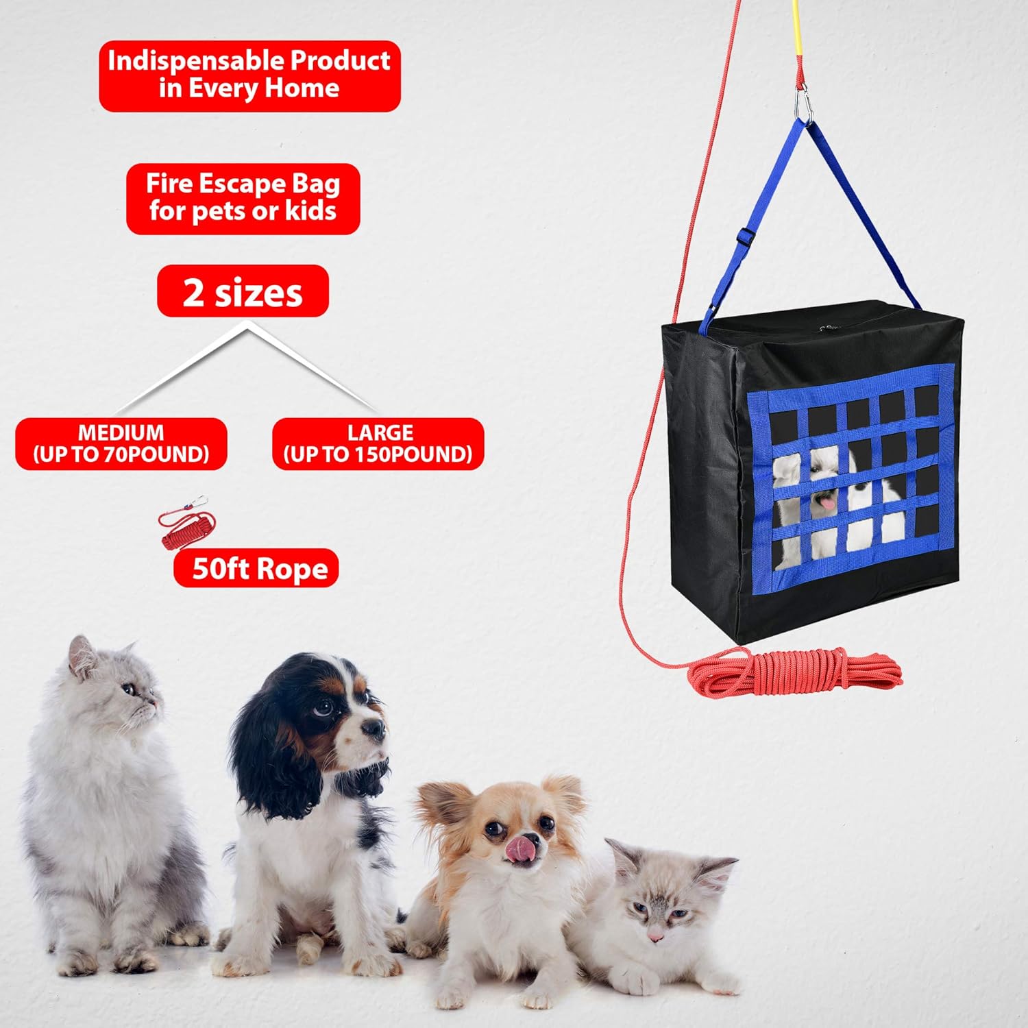 ISOP Fire Evacuation Device for Kids or Pets up to 75 Pounds - Compact Baby Safety Equipment - Rope 50 Feet Incl. - Emergency Survival Kit for Infants & Animals (Medium 19"x18"x10") - - 