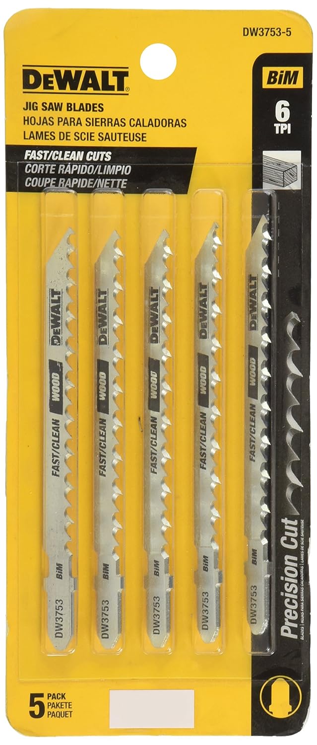 DEWALT DW3753-5 4-Inch 6 TPI Fast Clean Cut Wood Cobalt Steel T-Shank Jig Saw Blade (5-Pack)