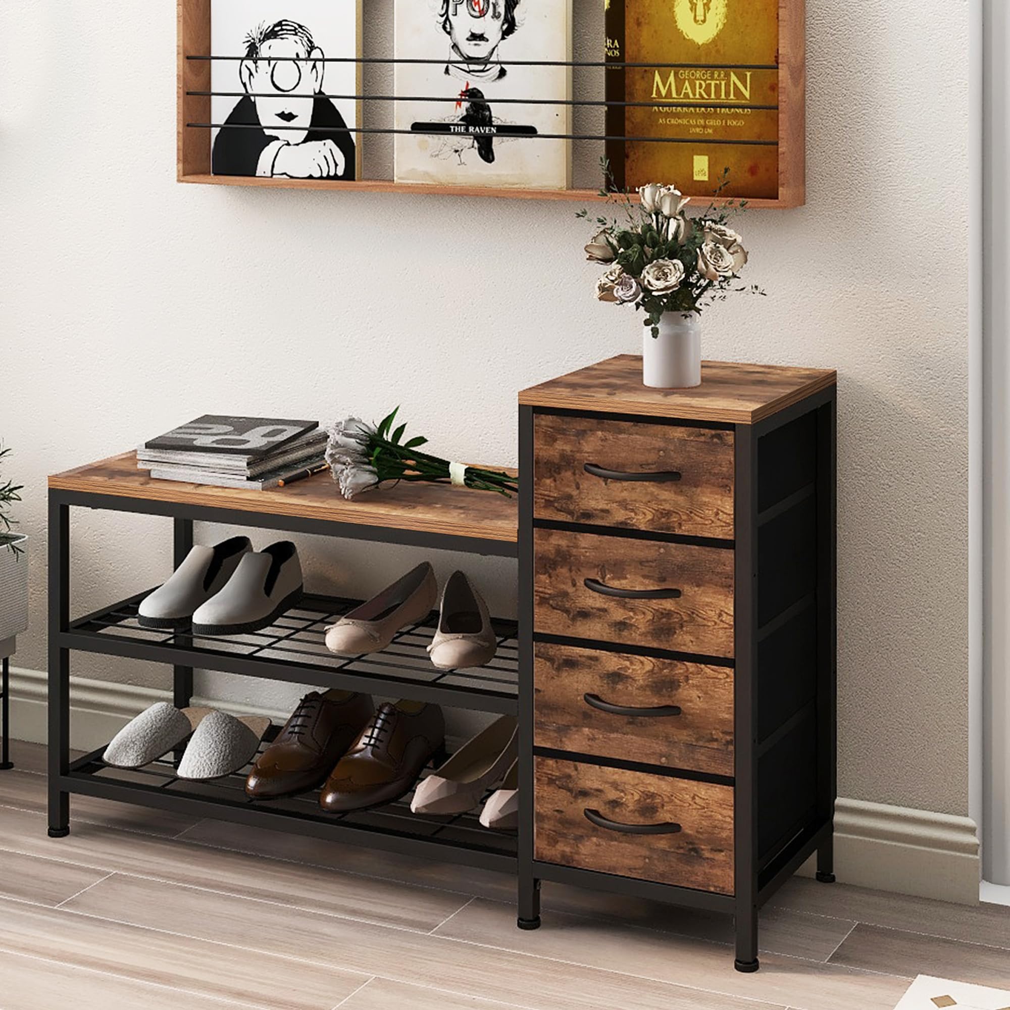 EXOTICA 3-Tier Shoe Storage Bench Industrial Entryway Shoe Rack with 4 ...