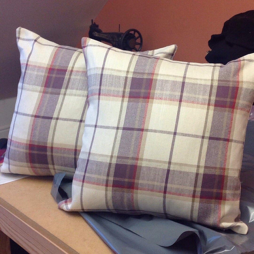 AVONWICK STYLE LAURA ASHLEY HANDMADE 16" REVERSIBLE CUSHION IN HIGHLAND CHECK GRAPE FABRIC