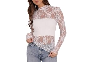 XIEERDUO Womens Lace Sexy Long Sleeve Tops See Through Mock Neck Mesh Tshirt Y2K Sheer Layering Blouses Clothing Trendy 2026