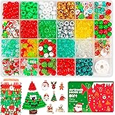 Christmas Beads for Bracelets, 500Pcs Pony Beads Kit with Christmas Tree Snowflake Charms Xmas Party Decor Red Green Assorted Bead Gifts DIY Jewelry Making Crafts Stocking Stuffers