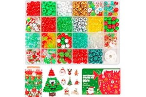 SISTENIA Christmas Beads for Bracelets, 500Pcs Pony Beads Kit with Christmas Tree Snowflake Charms Xmas Party Decor Red Green Assorted Bead Gifts for Girls Kids DIY Jewelry Making Crafts Stocking Stuffers
