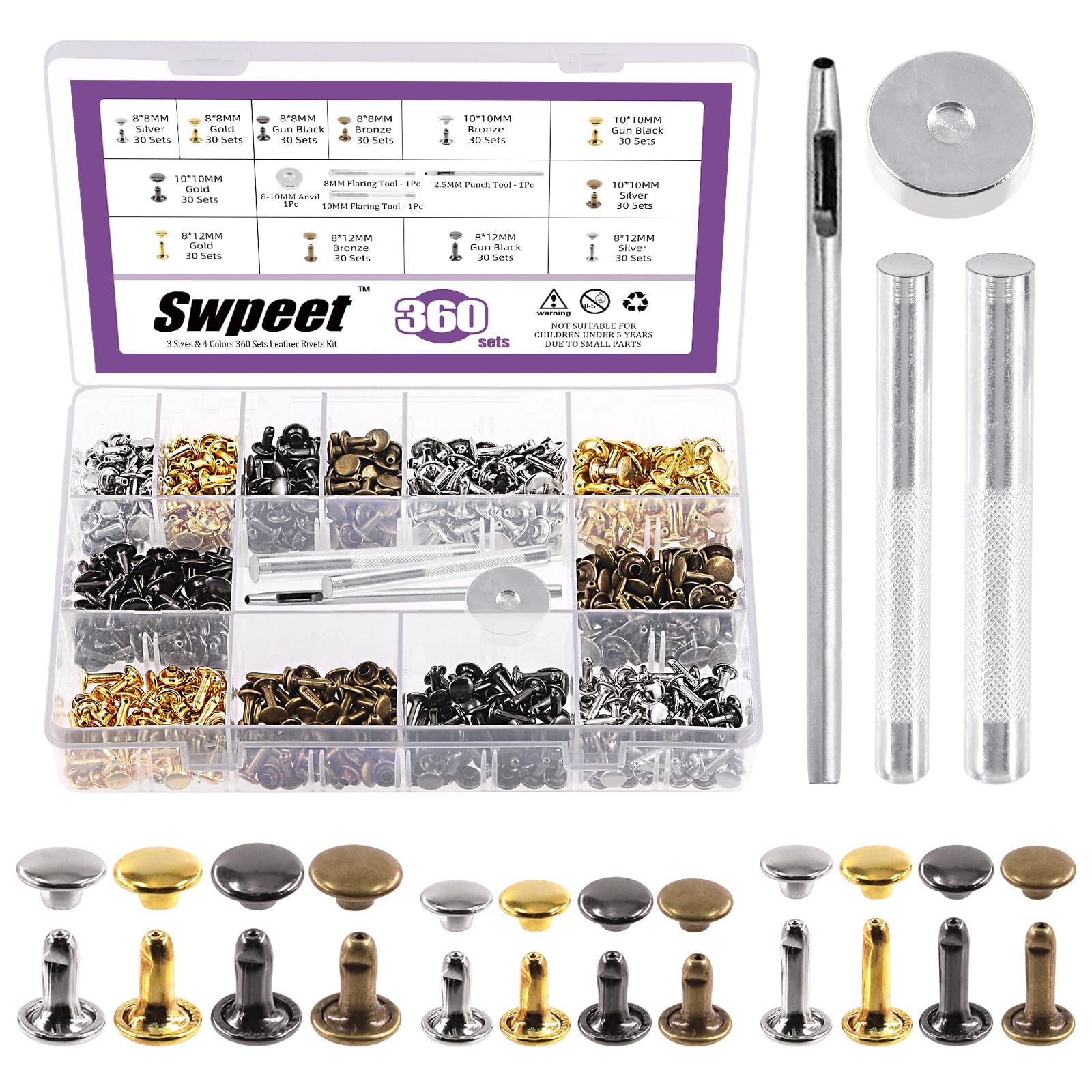 Swpeet 360 Sets 4 Colors 8mm 10mm 12mm Leather Rivets Double Cap Rivets and Rubber Hammer with 4Pcs Fixing Tools Assortment Kit, Leather Rivets Double Cap Rivets Tubular for DIY Leather Craft Clothes